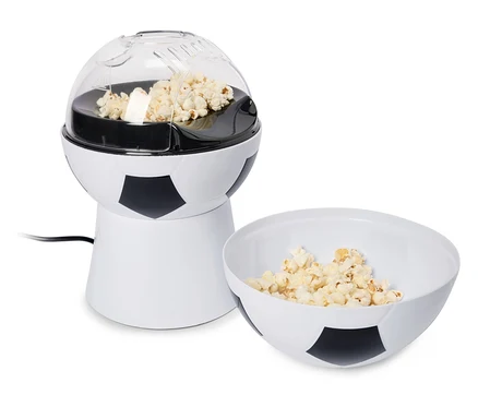Stroj na výrobu popcornu s dizajnom futbalovej lopty s miskou popcornu.