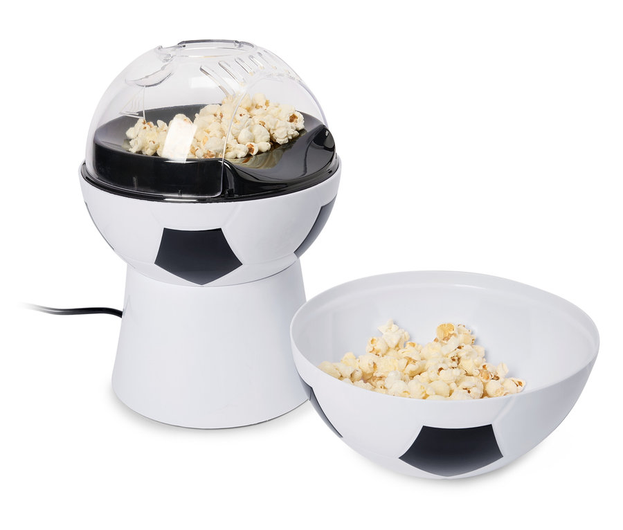 Stroj na výrobu popcornu s dizajnom futbalovej lopty s miskou popcornu.