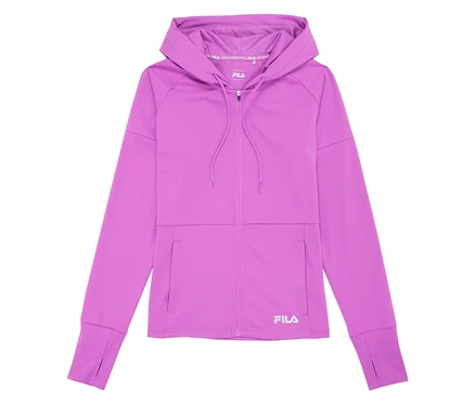 Fialová dámska funkčná bunda FILA s kapucňou, zipsom a vreckami.