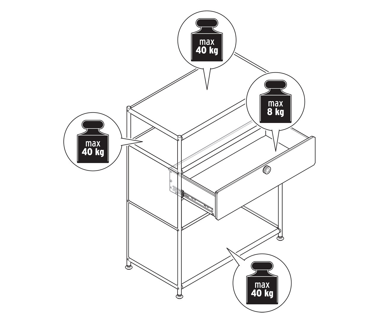 Pohľad zhora na kovovú komodu »CN3« s 2 zásuvkami, jedna zásuvka je otvorená.