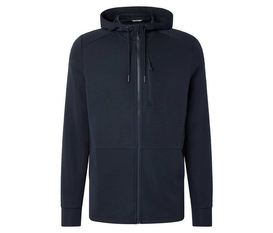Detailný záber na tmavomodrú mikinu s kapucňou na zips.