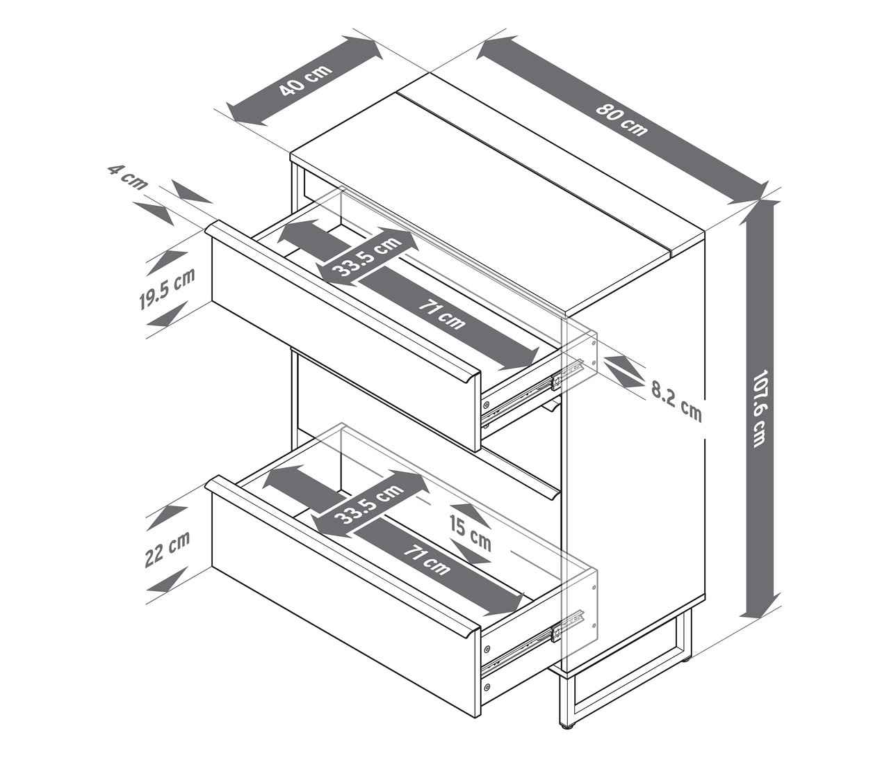 Schematický nákres komody »LEEG« so 4 zásuvkami a zrkadlom, s uvedenými rozmermi jednotlivých častí.