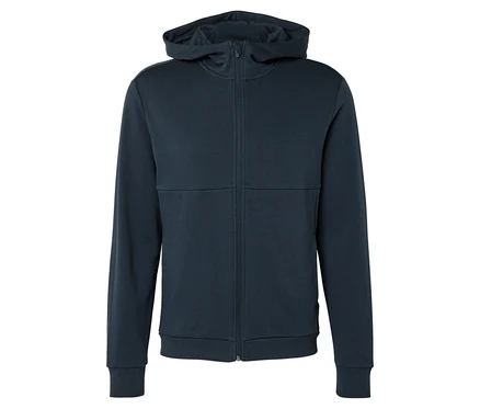 Tmavomodrá mikina s kapucňou na zips.