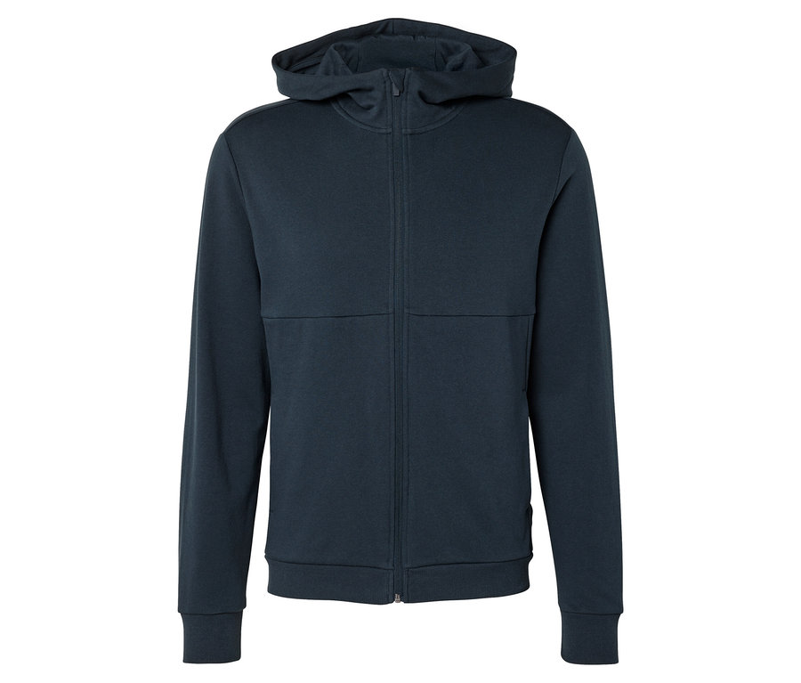 Tmavomodrá mikina s kapucňou na zips.