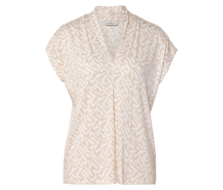 Béžovo-biely vzorovaný top s krátkym rukávom a véčkovým výstrihom.