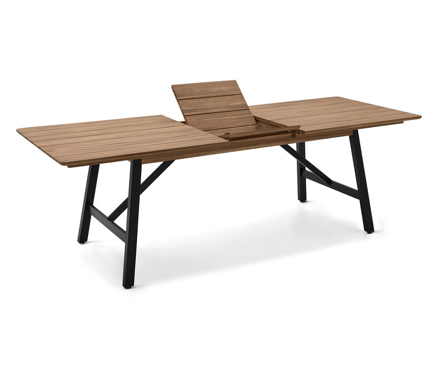 Rozložený drevený stôl s čiernym kovovým rámom.