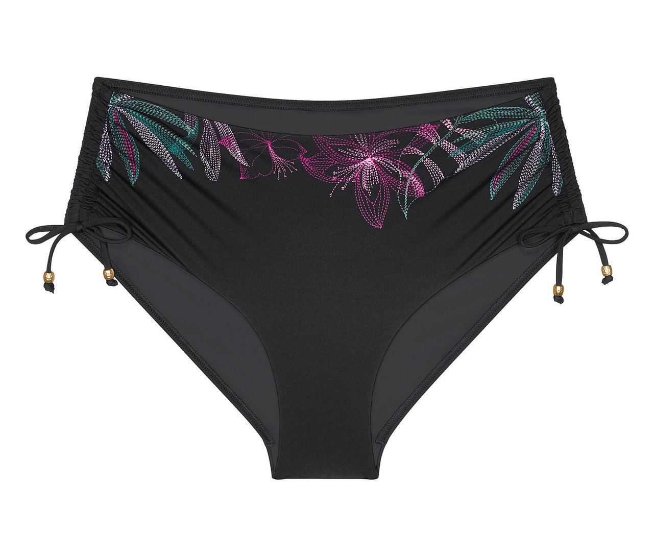 Čierne bikiny nohavičky s kvetinovým vzorom na páse a riasením na bokoch.