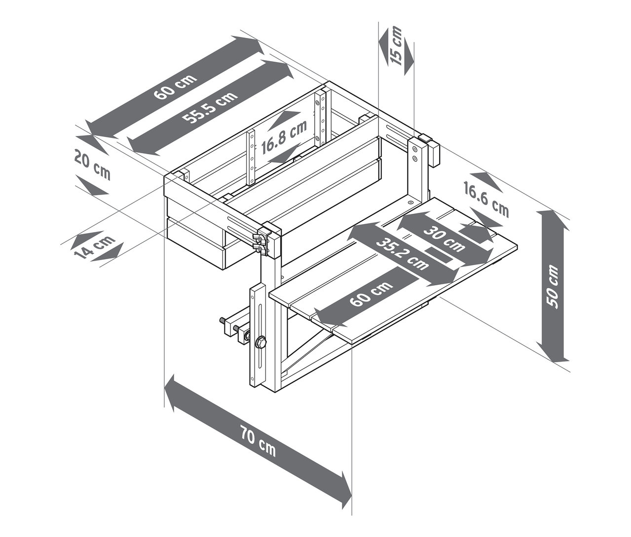 Detailný technický nákres nástenného stola s rôznymi rozmermi v centimetroch.