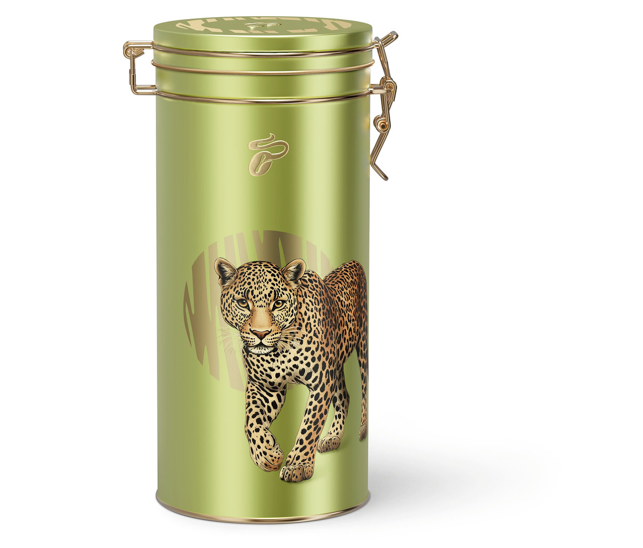 Svetlozelená dóza na kávu Raritná káva »Buramba Rwanda« so zlatým uzáverom a ilustráciou kráčajúceho leoparda na prednej strane.