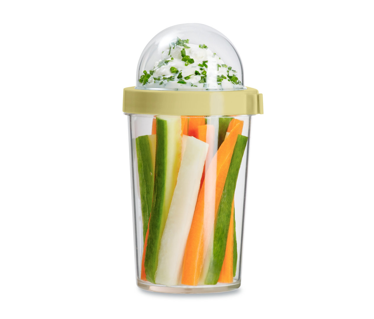 Cestovný box na jogurt s nakrájanou zeleninou a dipom.