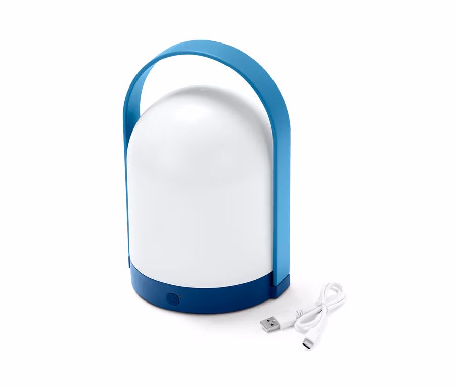Stolová lampa s LED s modrou rukoväťou a USB káblom.