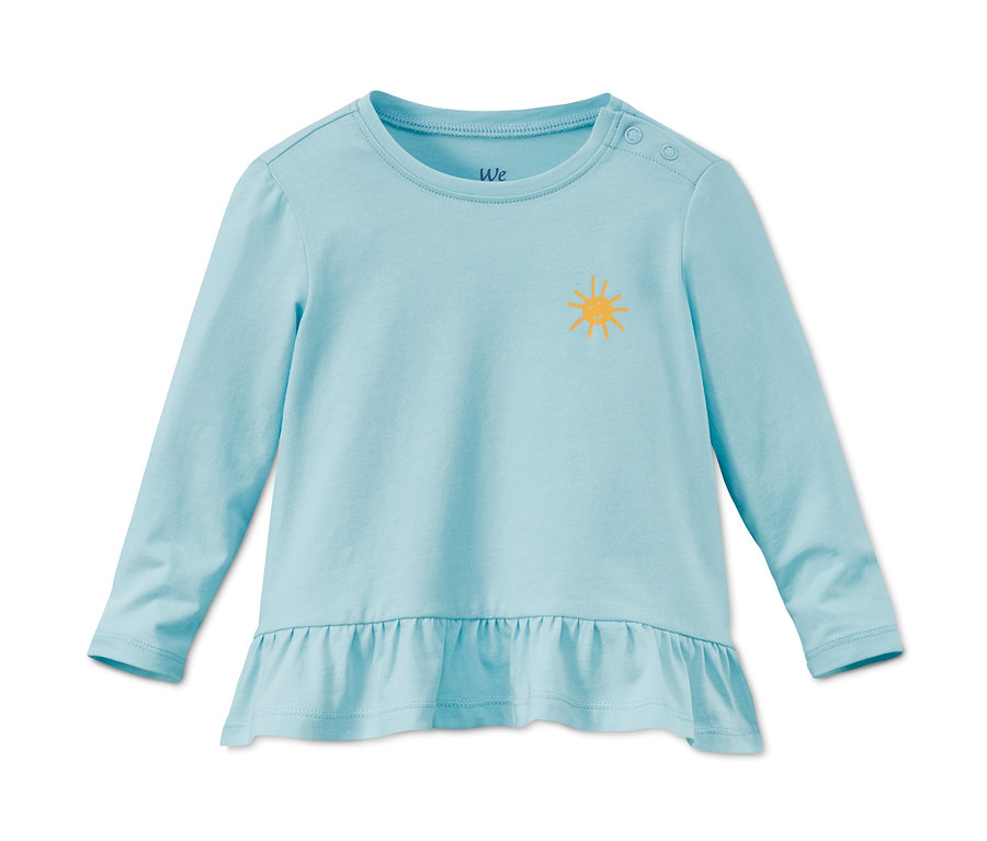 Svetlomodré tričko z biobavlny s dlhým rukávom a žltým slnkom. Tričko má naberaný lem.