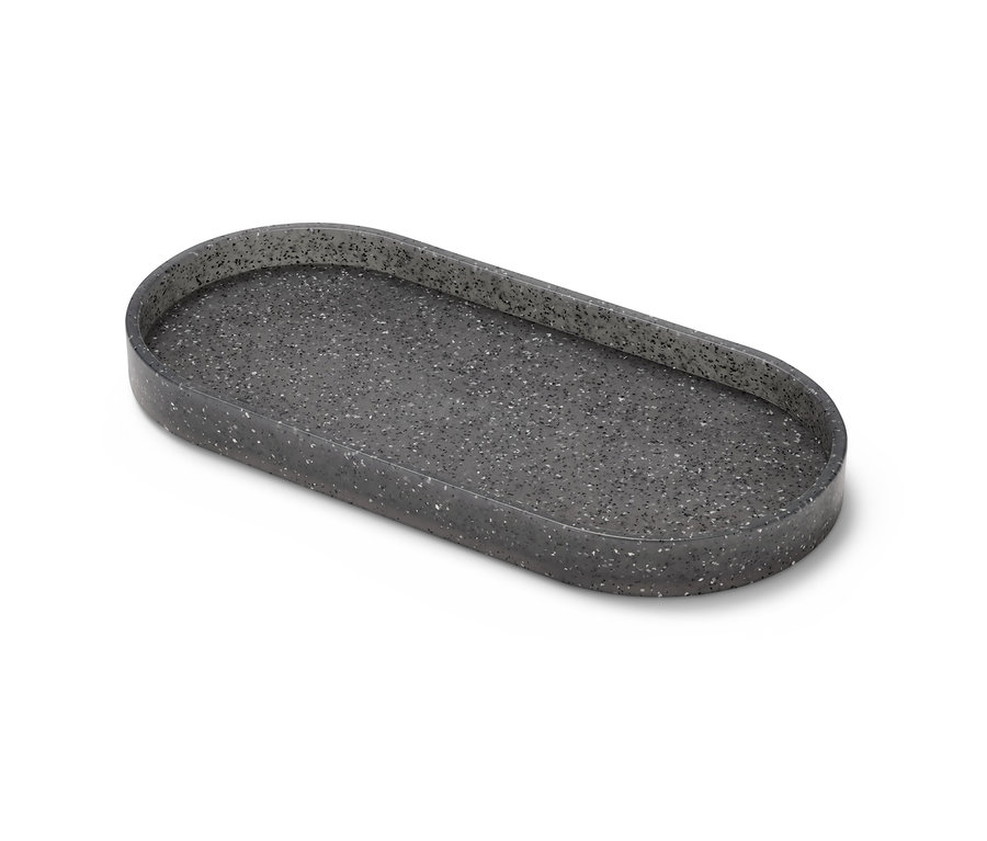 Oválna kuchynská odkladacia plocha s granitovým vzhľadom.