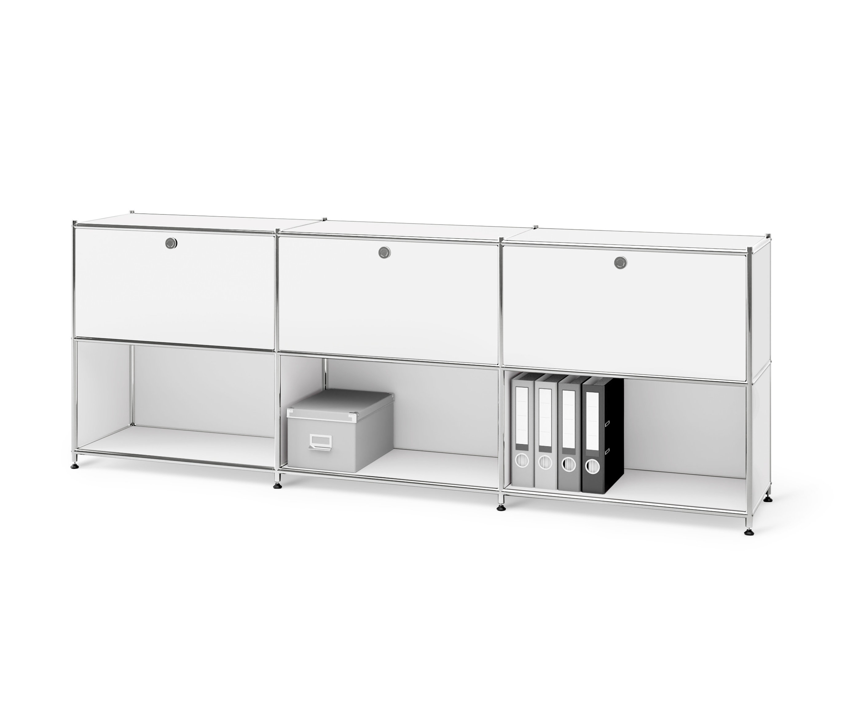 Biely kovový regál »CN3« s 3 premiestniteľnými priehradkami a úložným boxom.