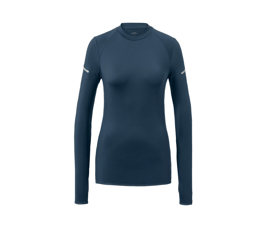 Tmavomodré funkčné tričko s dlhými rukávmi na bielom pozadí.