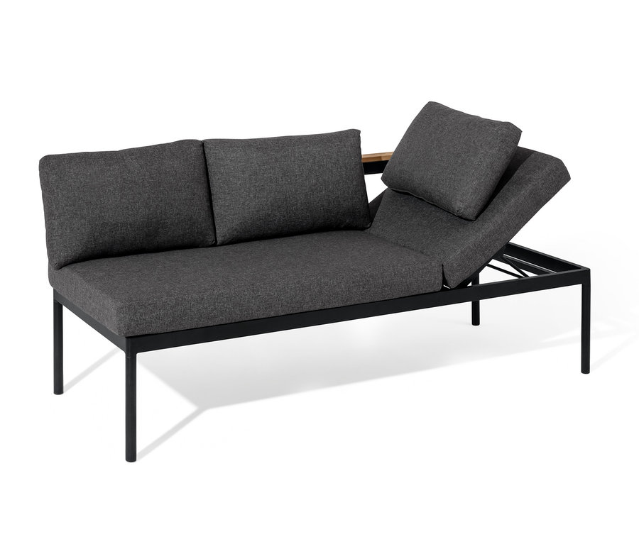 Sivé lavicové ležadlo 2 v 1 »Elin« s čiernym rámom a vankúšmi na bielom pozadí.
