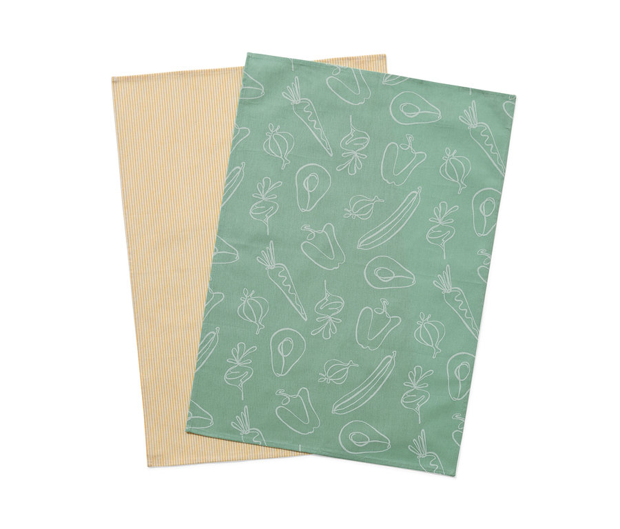 Dve utierky na riad: jedna žltá s prúžkami, druhá zelená so vzorom zeleniny.