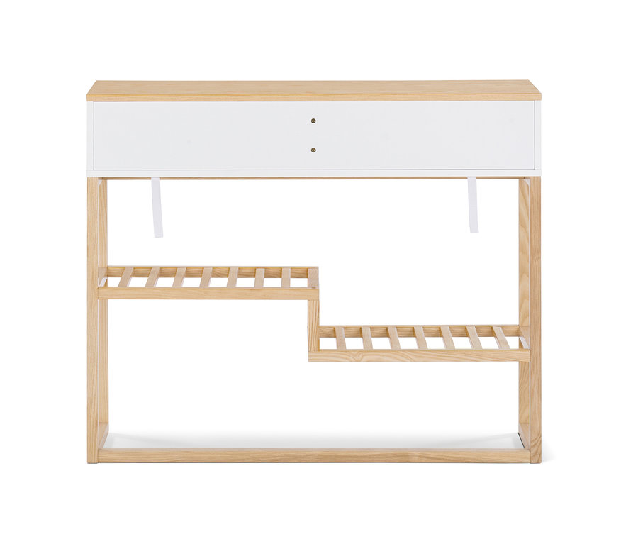 Konzolový stolík so zásuvkami so svetlým rámom.