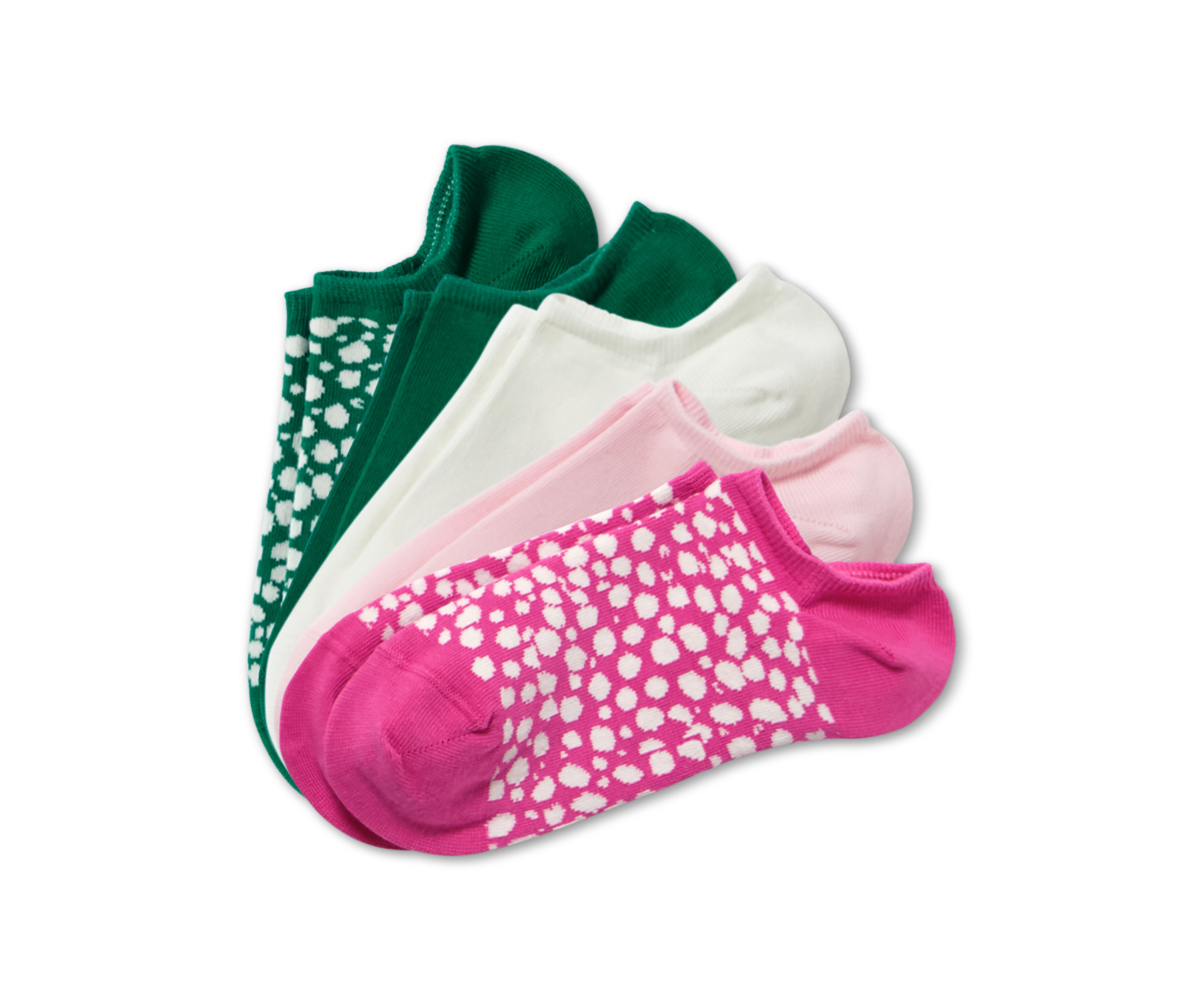 Päť párov krátkych ponožiek rôznych farieb.