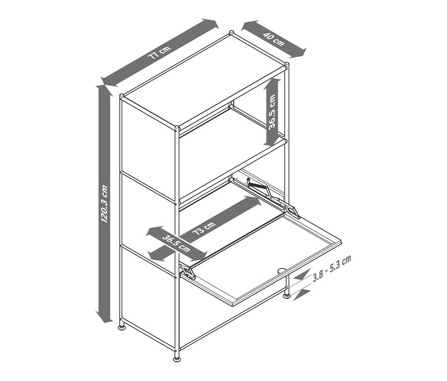 Ilustrácia kovovej komody »CN3« s 2 výklopnými dvierkami s uvedenými rozmermi.