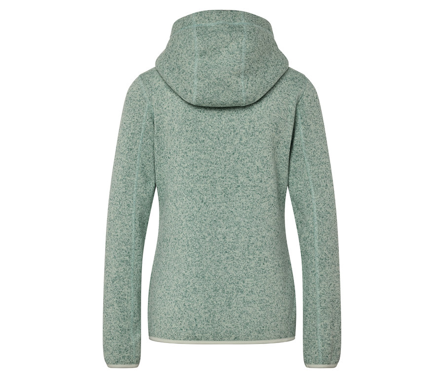 Pohľad zozadu na svetlozelenú flísovú mikinu s kapucňou.
