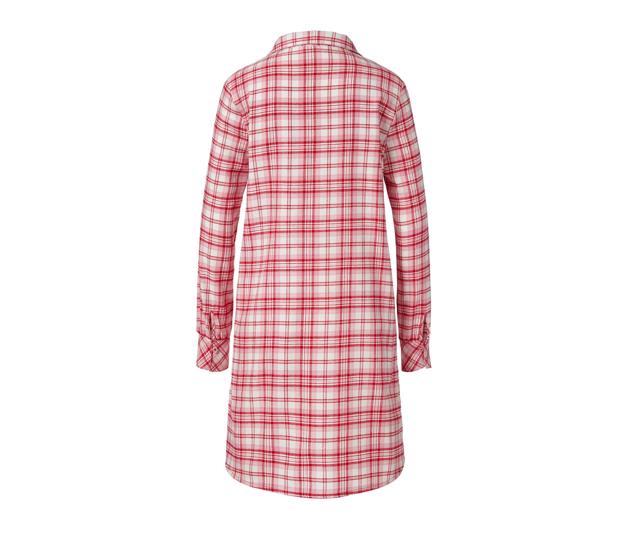 Flanelová nočná košeľa s červeným a bielym károvaným vzorom.