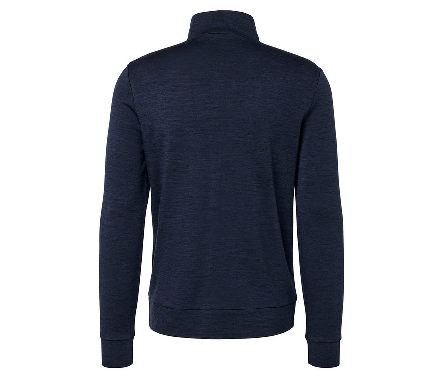 Pohľad zozadu na tmavomodrý sveter na zips.