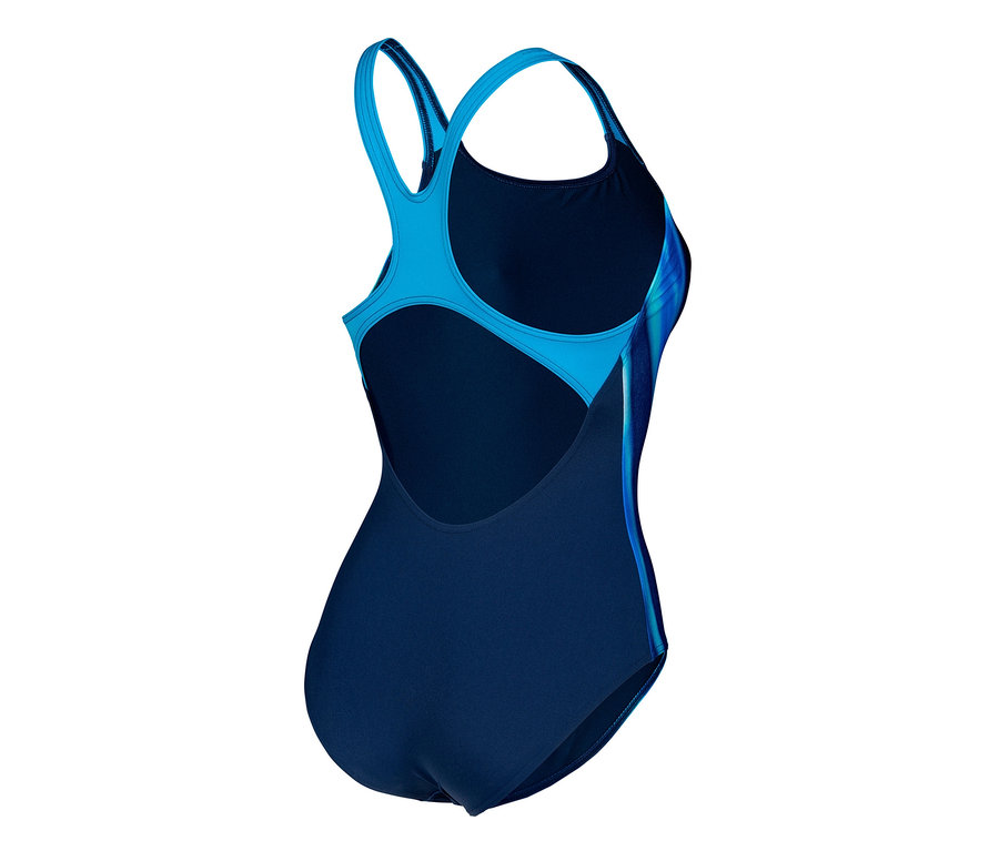 Dámske plavky arena Performance Damen Two Sides Swim Pro Back zobrazené zozadu, s modrými ramienkami a tmavomodrým zvyškom plaviek.