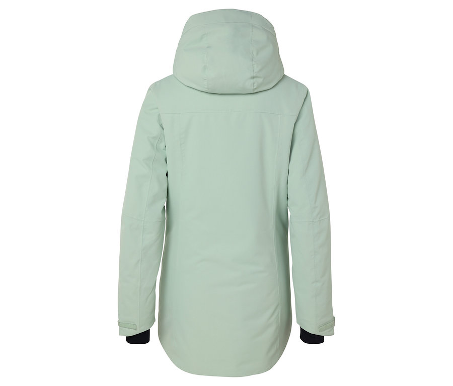 Pohľad zozadu na svetlozelenú bundu s kapucňou.