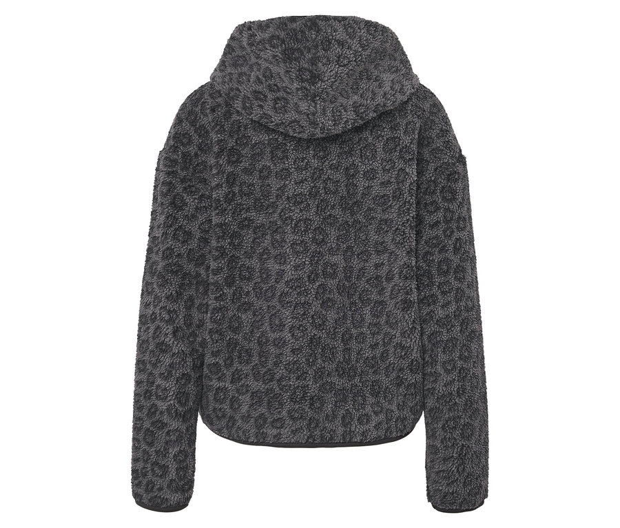 Pohľad zozadu na sivú chlpatú mikinu s kapucňou so zvieracím vzorom.