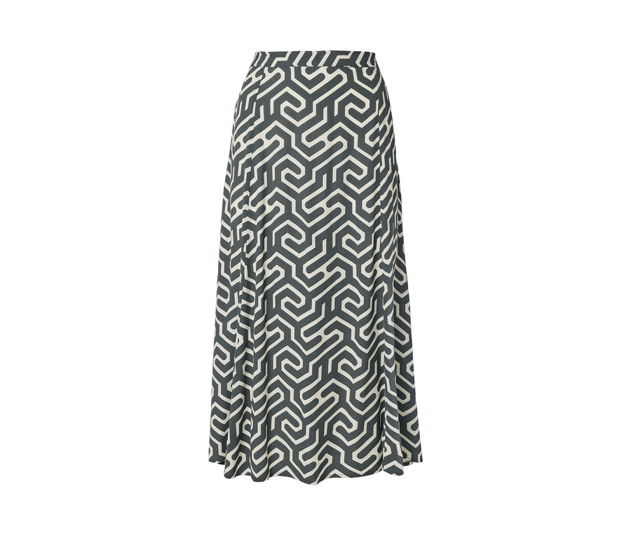 Midi sukňa s potlačou s geometrickým vzorom v sivej a bielej farbe.