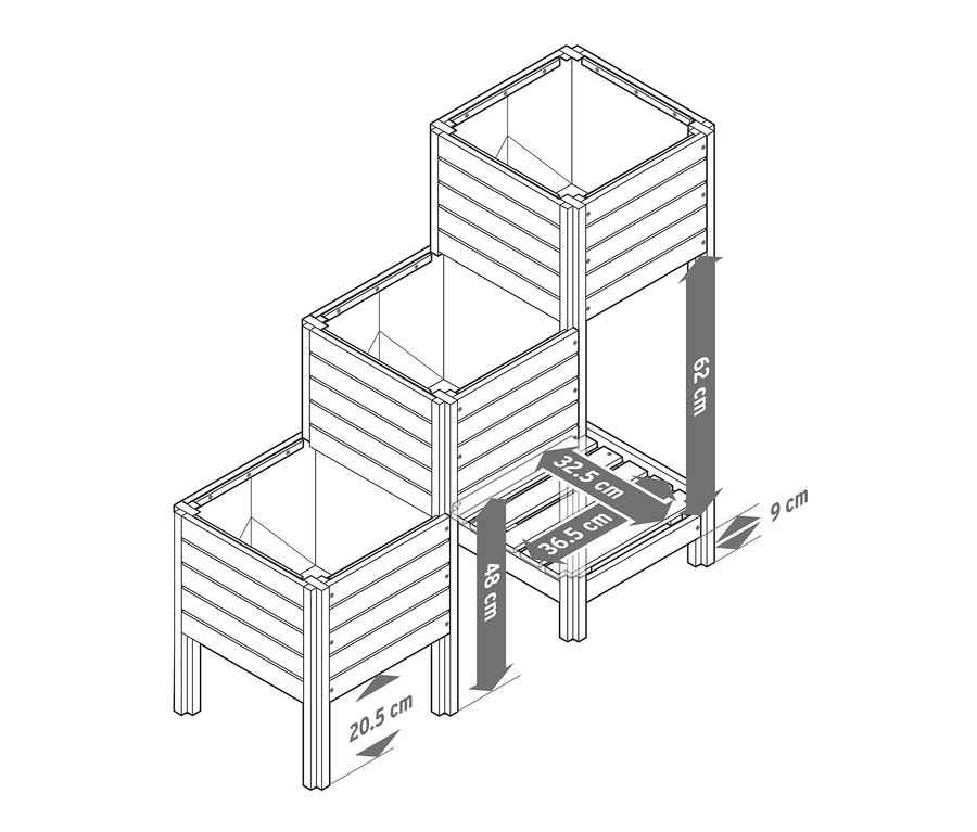 Ilustrácia poschodového kvetináča »Tinus« s regálom naspodku s rozmermi.