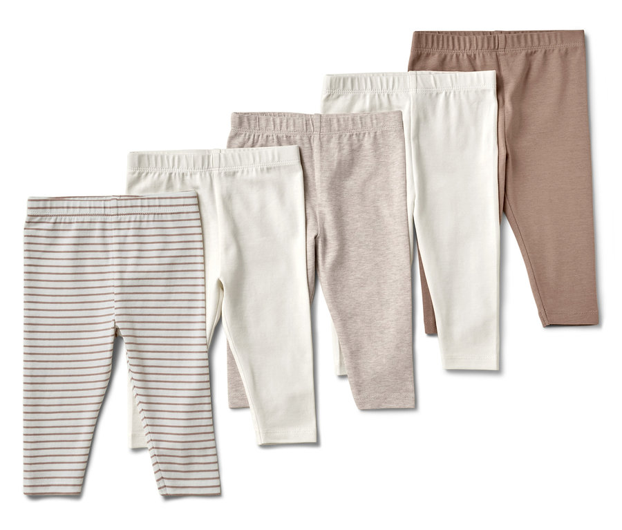 Päť detských legín rôznych farieb a vzorov.