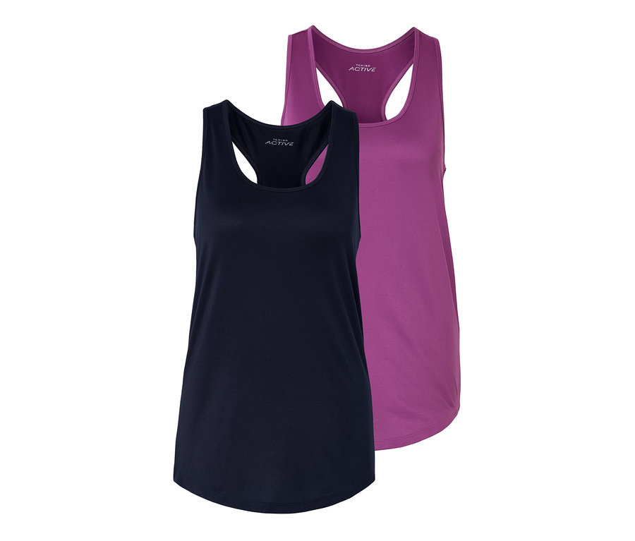 Dva funkčné topy, jeden fialový a jeden modrý.