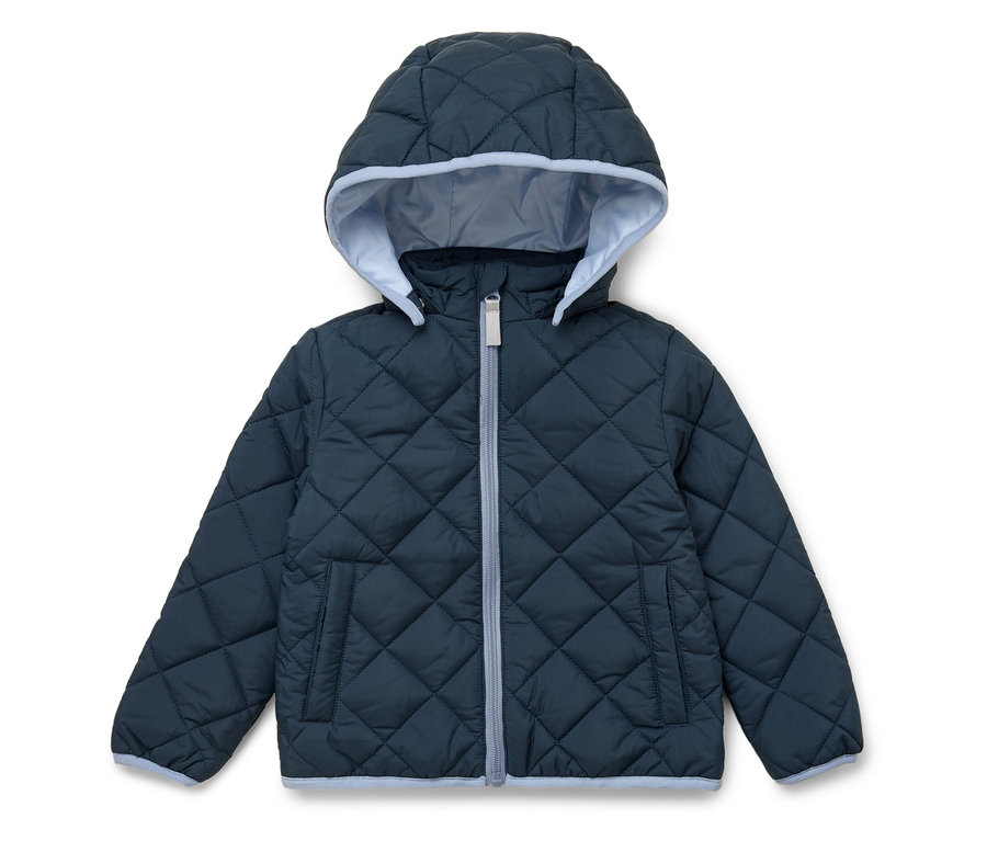 Tmavomodrá prešívaná bunda s kapucňou, svetlomodrou podšívkou a zipsom