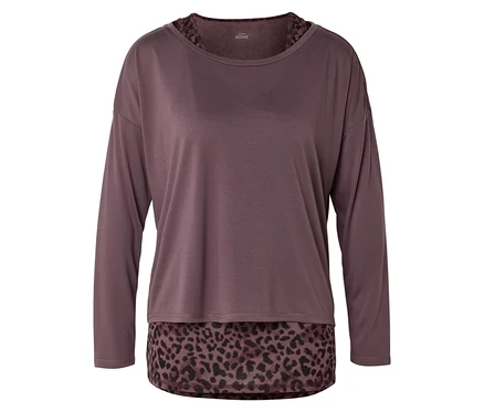 Fialový top s dlhým rukávom s leopardím vzorom na spodnom leme a výstrihu.