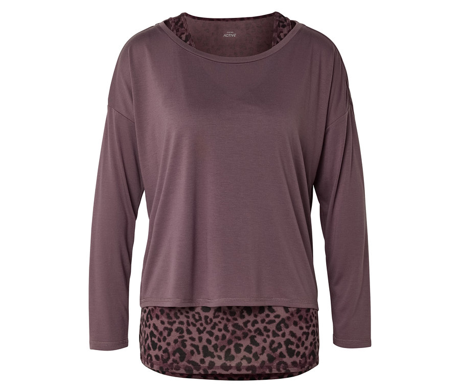 Fialový top s dlhým rukávom s leopardím vzorom na spodnom leme a výstrihu.
