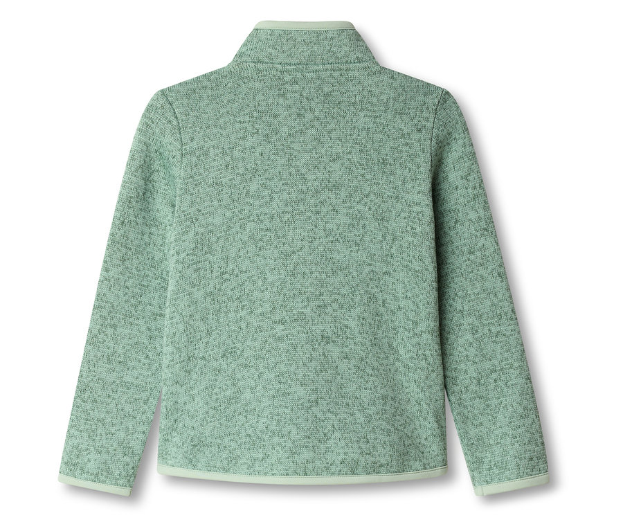 Svetlozelený flísový pulóver so zipsom pri krku, pohľad zozadu.