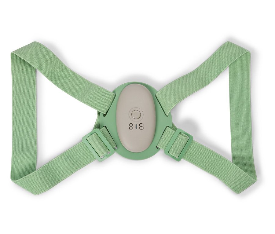 Zelená korekcia držania tela s nastaviteľnými popruhmi a digitálnym displejom na bielom pozadí.