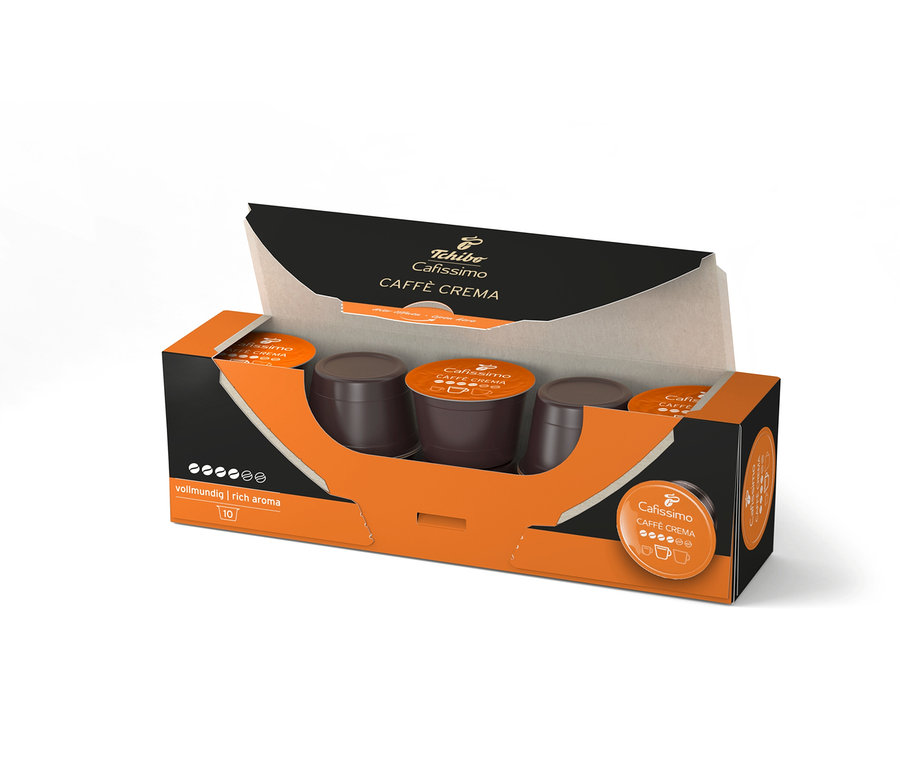 Otvorený balík kávových kapsúl Cafissimo Caffè Crema.