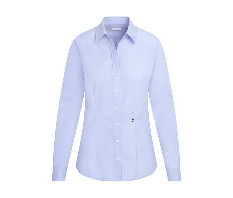 Svetlomodrá blúzka Seidensticker Slim Fit s golierom, bielymi gombíkmi a malým, tmavým logom ruže.