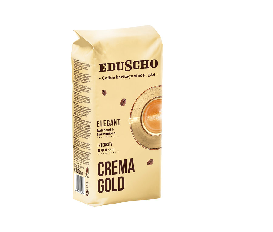 Béžové balenie 1 kg zrnkovej kávy Eduscho Crema Gold s dizajnom šálky kávy a zŕn.