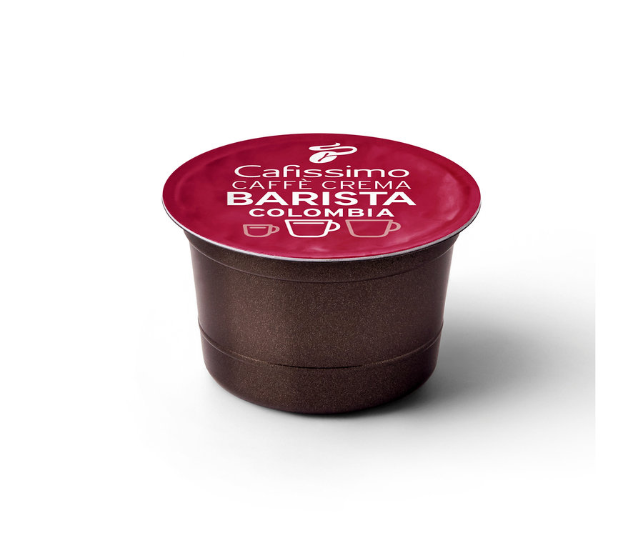Tmavohnedá kapsula Caffè Crema Colombia s červeným viečkom a bielym nápisom „Cafissimo CAFFÈ CREMA BARISTA COLOMBIA“.
