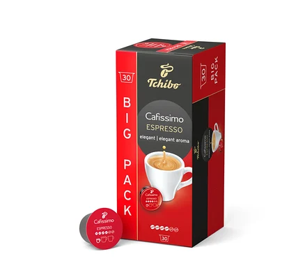 Červeno-čierne balenie Big Pack kávových kapsúl Cafissimo Espresso s 30 kusmi, vedľa neho jedna červená kapsula.