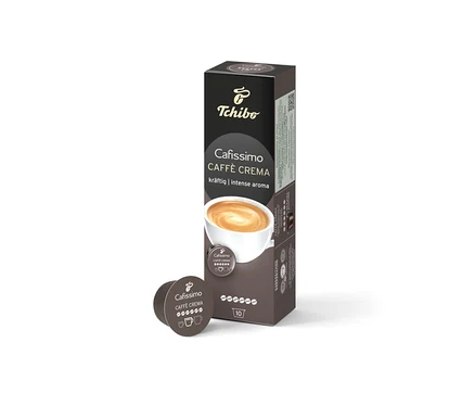 Balenie Cafissimo Caffè Crema silná s 10 kapsulami vedľa jednej kapsuly. Na obale je šálka kávy.