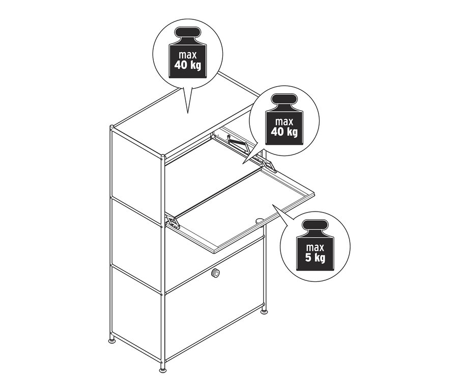 Nákres kovového regálu s 3 výklopnými priehradkami, horné dve majú nosnosť 40 kg, spodná 5 kg.