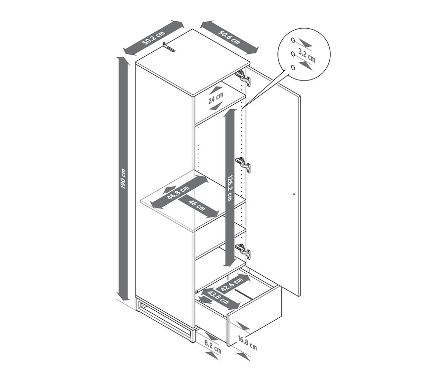 Nákres úzkej šatníkovej skrine s rozmermi.