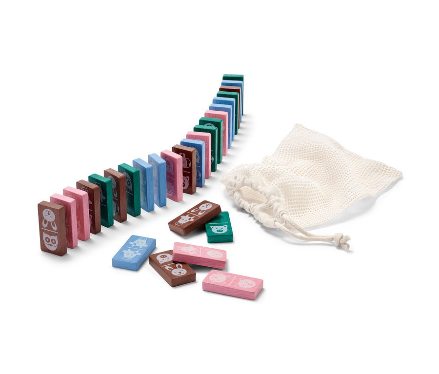 Rad farebných kociek domina so zvieracími motívmi a látkové vrecúško.