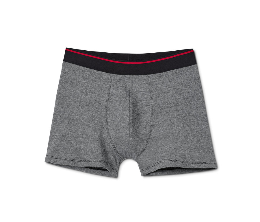 Detail sivých boxeriek s čiernym pásom a červeným prúžkom.