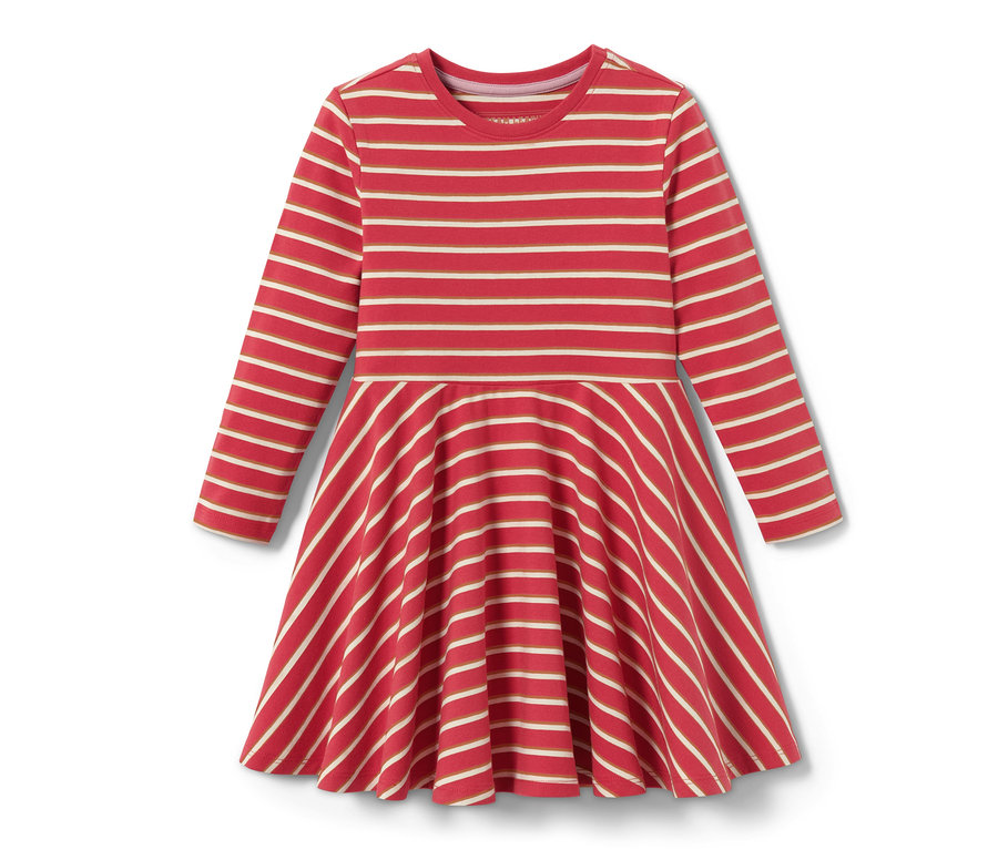 Džersejové šaty s červeno-bielymi prúžkami a dlhými rukávmi.